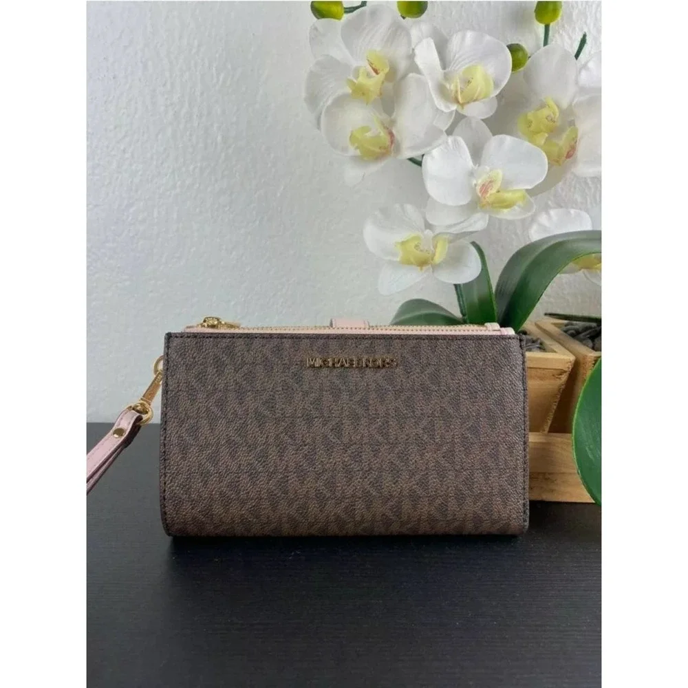 Michael kors Large Double Zip Wallet Brown with pink Wristlet in Signature Mk - Picture 3 of 6